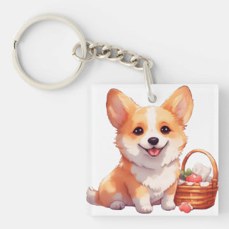 Happy corgi with a picnic basket keychain