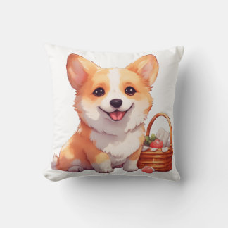 Happy corgi with a picnic basket throw pillow