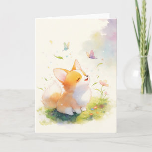 Happy Corgi with Butterfly Dance Card
