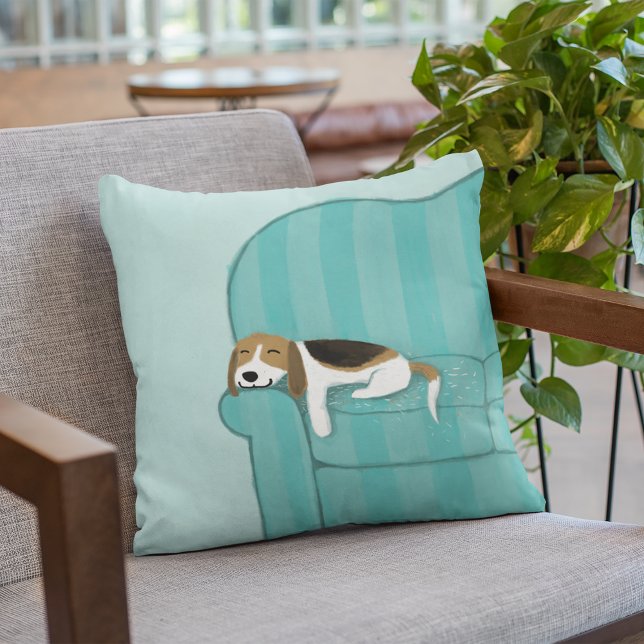 Happy Couch Dog - Cute Beagle Relaxing on Sofa Throw Pillow (Creator Uploaded)