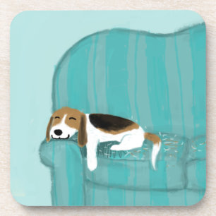 Happy Couch Dog - Cute Beagle Sleeping   Pet Art Coaster