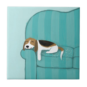 Happy Couch Dog - Cute Beagle Sleeping   Pet Art Tile