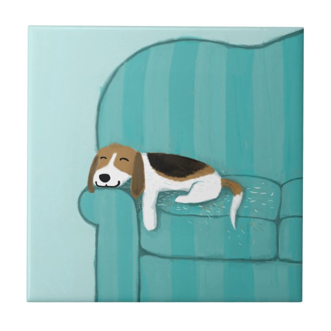 Happy Couch Dog - Cute Beagle Sleeping | Pet Art Tile (Front)