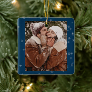 Happy Couple CUSTOM German Blue Snow Christmas Ceramic Ornament