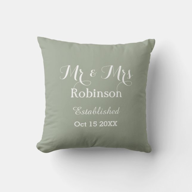 Happy Couple Mr + Mrs Personalized Wedding Throw Pillow (Front)