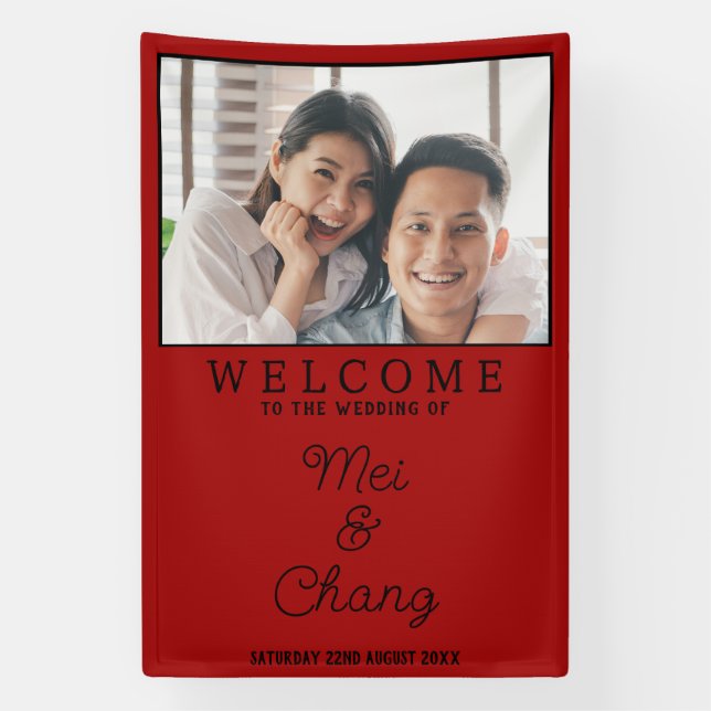 Happy Couple Photo Red And Black Wedding Welcome Banner (Vertical)