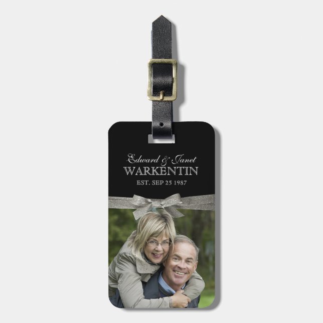 Happy Couple Photo Silver Ribbon Anniversary Luggage Tag (Front Vertical)