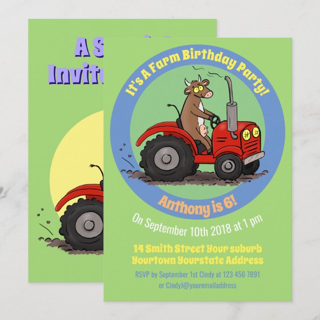 Happy cow driving red tractor cartoon invitation (Front/Back)