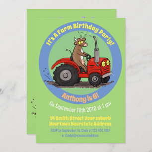 Happy cow driving red tractor cartoon invitation