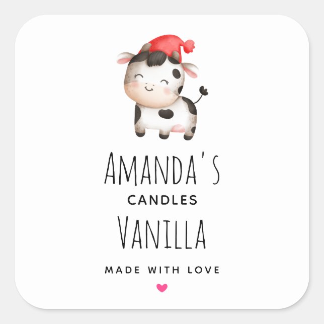 Happy Cow in a Cute Red Hat Candle Square Sticker (Front)