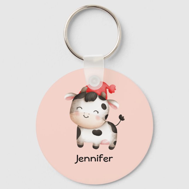 Happy Cow in a Cute Red Hat Keychain (Front)