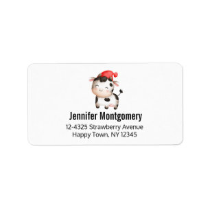 Happy Cow in a Cute Red Hat Label