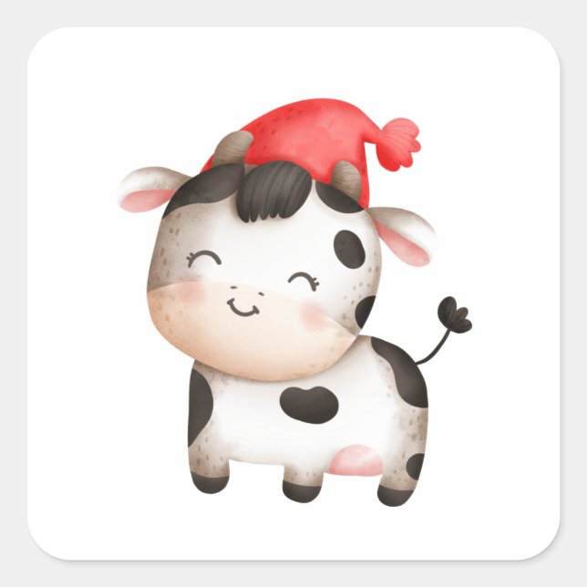 Happy Cow in a Cute Red Hat Square Sticker (Front)