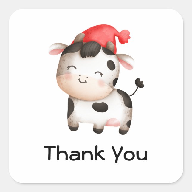 Happy Cow in a Cute Red Hat Thank You Square Sticker (Front)
