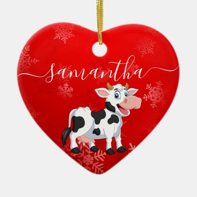 Happy Cow Red Heart Christmas Ceramic Ornament (Front)