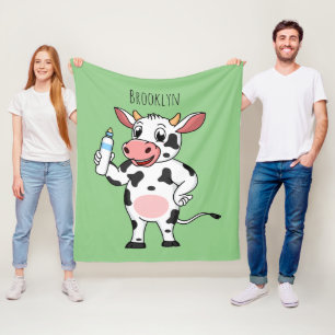 Happy cow with baby bottle cartoon fleece blanket