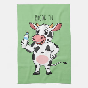 Happy cow with baby bottle cartoon  kitchen towel