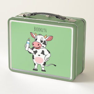 Happy cow with baby bottle cartoon  metal lunch box