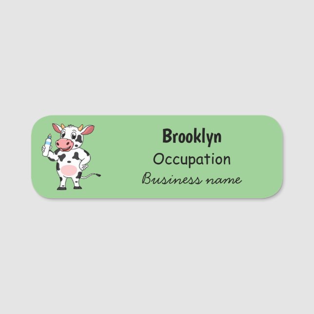Happy cow with baby bottle cartoon name tag (Front)