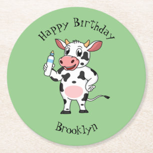 Happy cow with baby bottle cartoon  round paper coaster