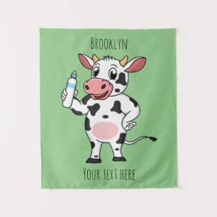 Happy cow with baby bottle cartoon tapestry
