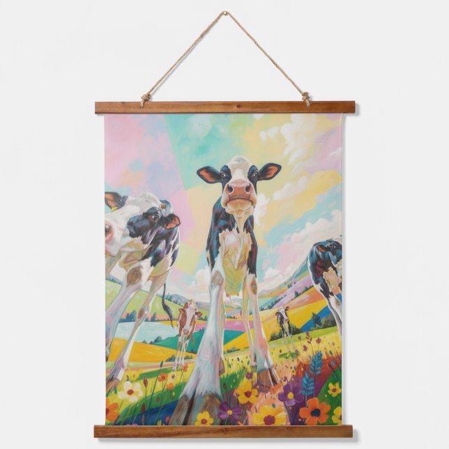 Happy Cow Wood Topped Wall Tapestry (Front)