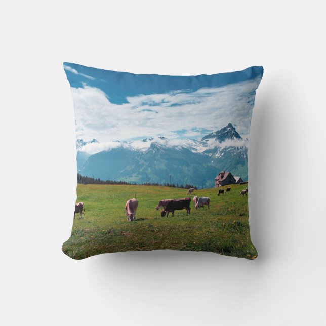 Happy Cows on the Farm in Switzerland Throw Pillow (Front)