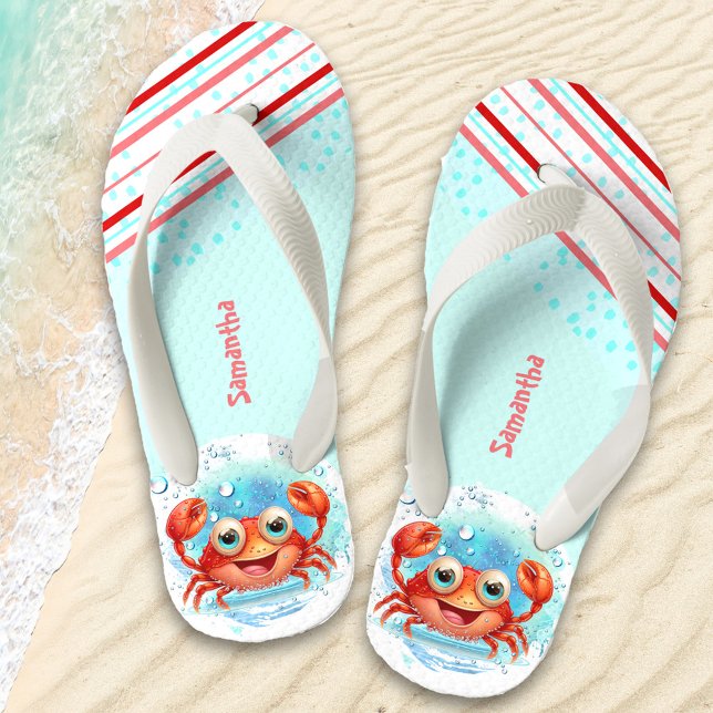 Happy Crab Girl Beach Name Kids Flip Flops (Creator Uploaded)