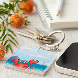 Happy Crab on Beach with Lighthouse Keychain