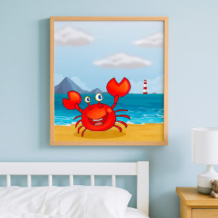 Happy Crab on Beach with Lighthouse Poster