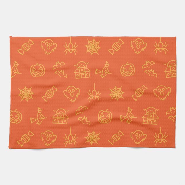 Happy creepy Halloween pattern - Orange Kitchen Towel (Horizontal)