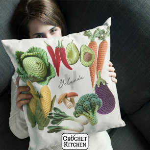 Happy Crochet Vegetable Mushroom Collage Monogram Throw Pillow