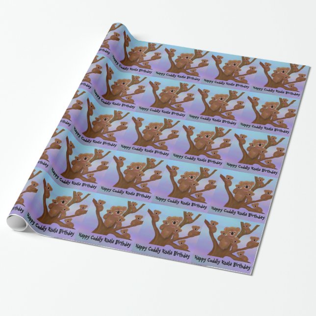 Happy Cuddly Koala Birthday Wrapping Paper (Unrolled)
