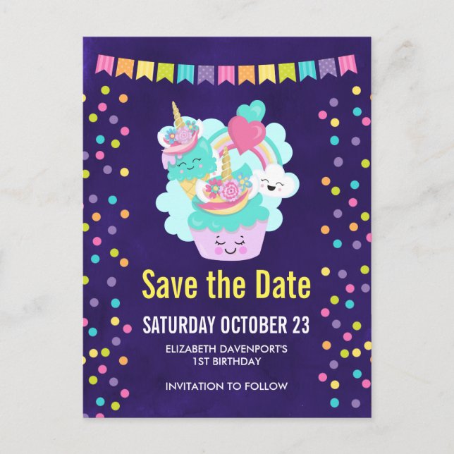 Happy Cupcake and Ice Cream Birthday Save the Date Announcement Postcard (Front)