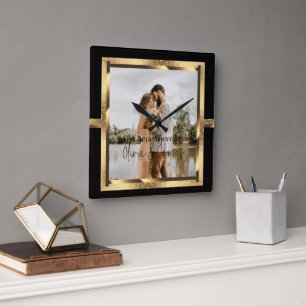 Happy Custom Year Anniversary, Black and Gold Square Wall Clock