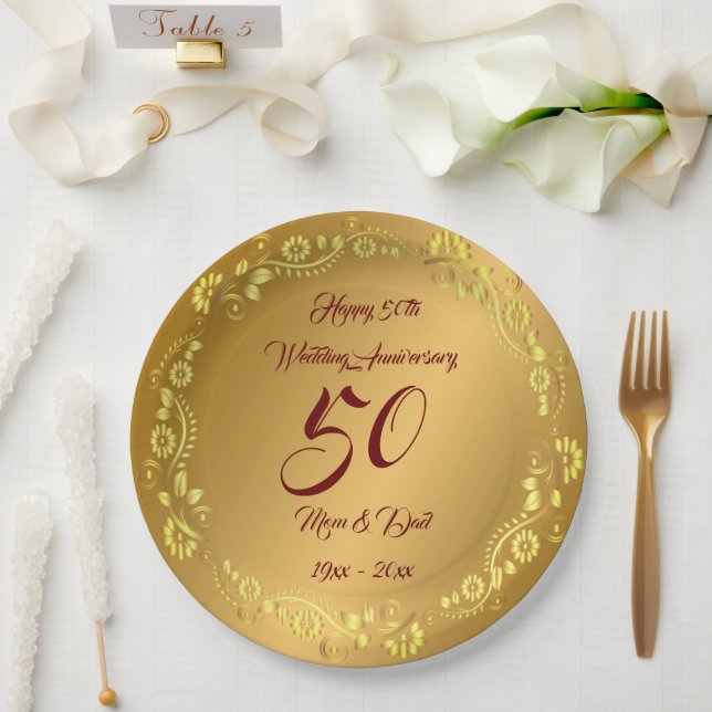 Happy Customize Gold 50th Anniversary Paper Plate (Wedding)