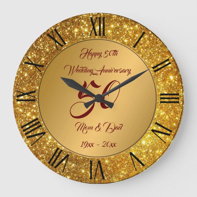 Happy Customize Gold Glitter 50th Anniversary Large Clock (Front)