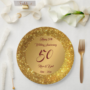 Happy Customize Gold Glitter 50th Anniversary Paper Plate