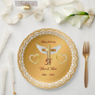 Happy Customize Gold Lace Anniversary Paper Plate