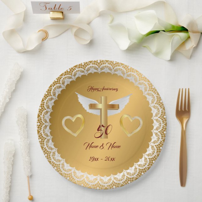 Happy Customize Gold Lace Anniversary Paper Plate (Wedding)