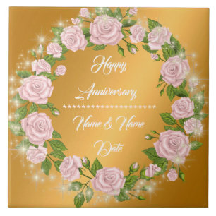 Happy Customize Gold Rose Anniversary Tile