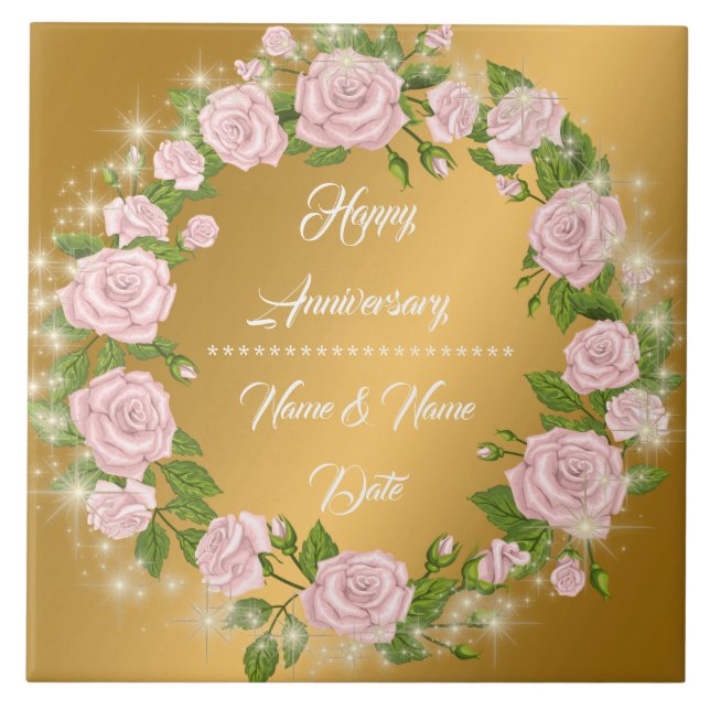Happy Customize Gold Rose Anniversary Tile (Front)