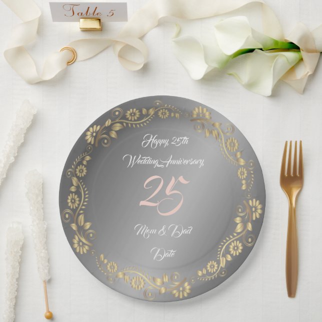 Happy Customize Silver 25th Anniversary Paper Plate (Wedding)
