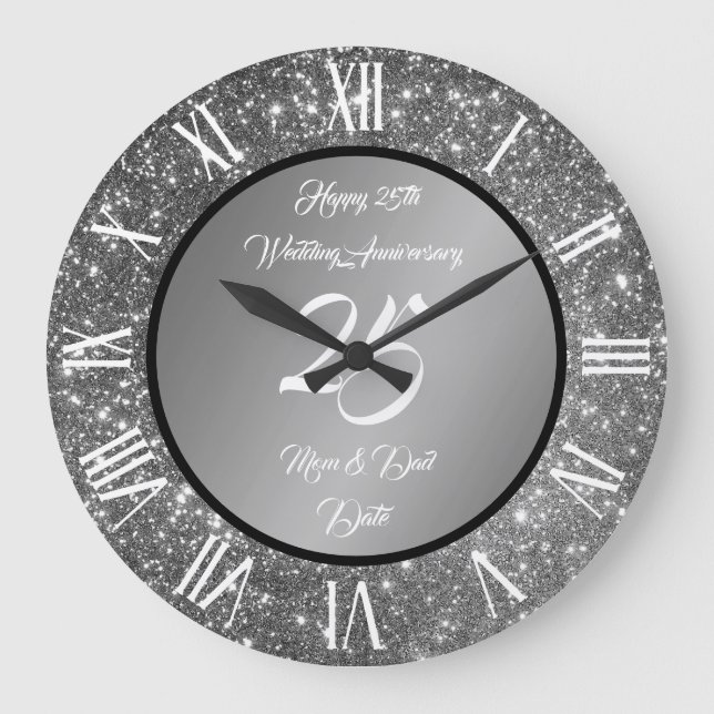 Happy Customize Silver Glitter 25th Anniversary Large Clock (Front)
