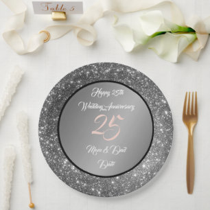 Happy Customize Silver Glitter 25th Anniversary Paper Plate