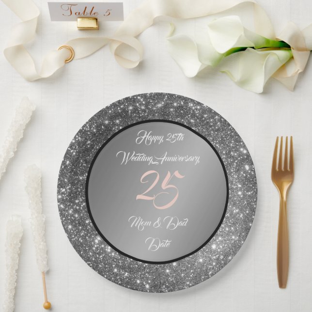 Happy Customize Silver Glitter 25th Anniversary Paper Plate (Wedding)