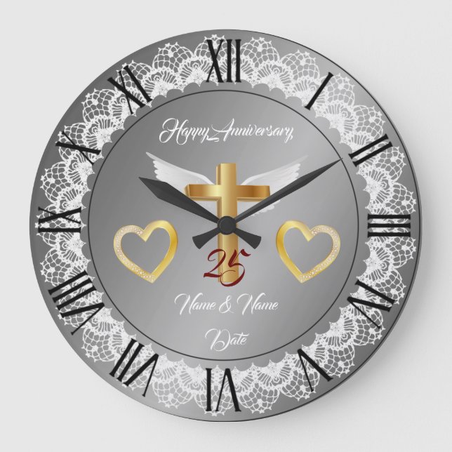 Happy Customize Silver Lace Anniversary Large Clock (Front)