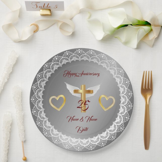 Happy Customize Silver Lace Anniversary Paper Plate (Wedding)