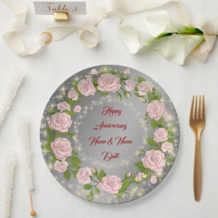 Happy Customize Silver Rose Anniversary Paper Plate