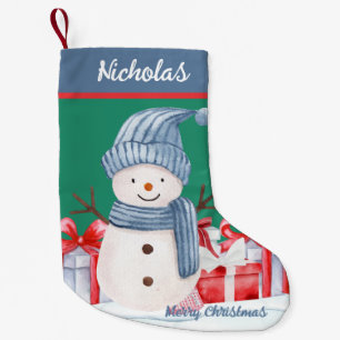 Happy Cute Blue Snowman with Presents Merry Xmas Small Christmas Stocking